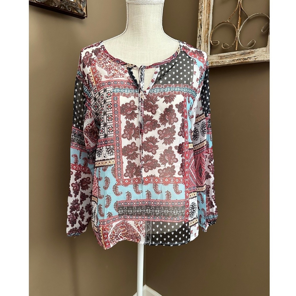 Figleaf Fashion Womens Patchwork Floral Sheer Tie Neck Blouse Red Blue Small